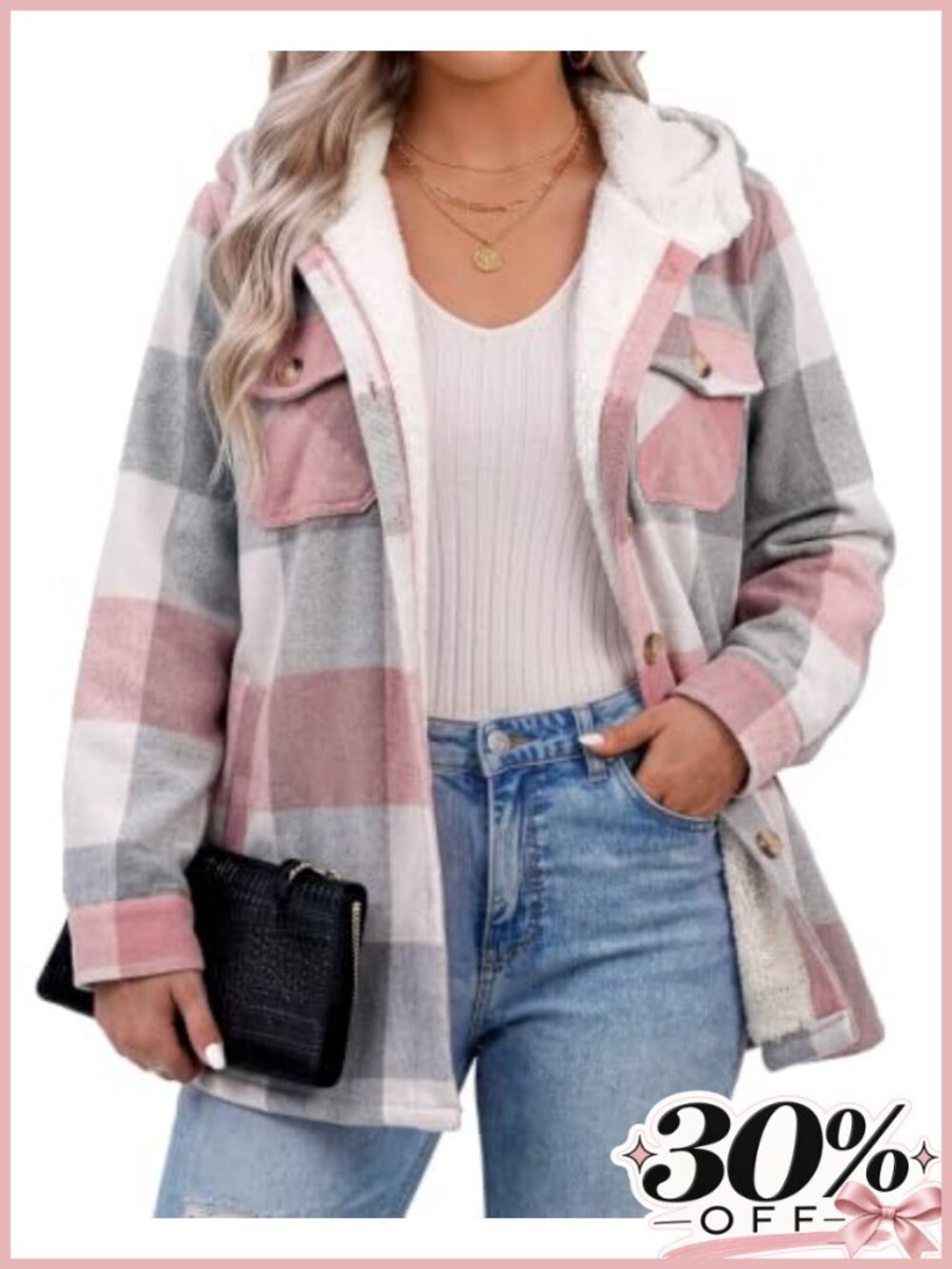 Womens Plus Size Plaid Shacket Fleece Hooded Button Down Winter Coat